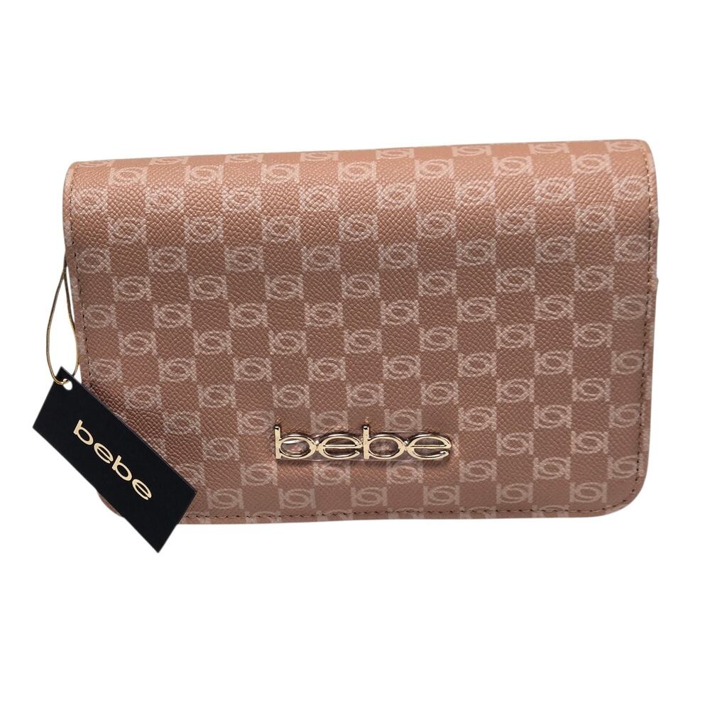 Bebe Logo Crossbody Bag Chain and Faux Leather Strap Camel